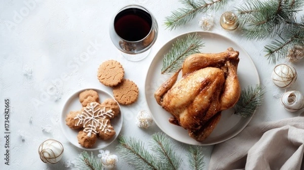 Fototapeta Minimal Christmas food background, clean white backdrop, simple holiday table, small roasted chicken, neatly arranged gingerbread cookies, glass of red wine, subtle pine branches, modern flat lay.