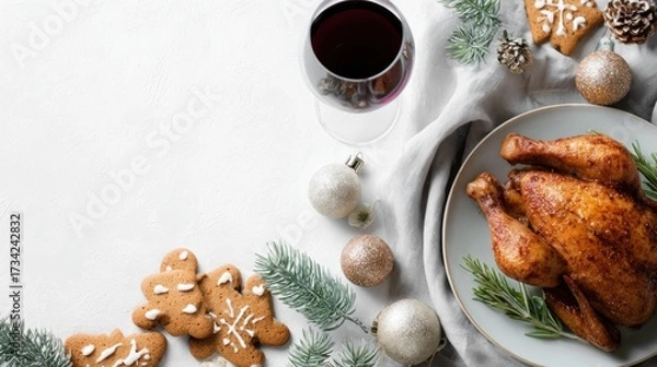 Fototapeta Minimal Christmas food background, clean white backdrop, simple holiday table, small roasted chicken, neatly arranged gingerbread cookies, glass of red wine, subtle pine branches, modern flat lay.