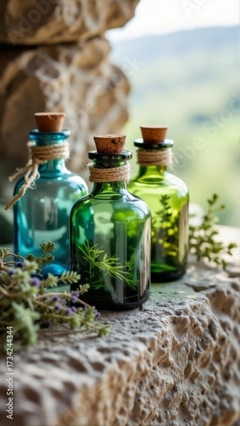 Fototapeta Vintage witch potion bottles on rustic stone surface, cork stoppers, natural light, Halloween theme. Concept of natural still life with herbs and organic elements.