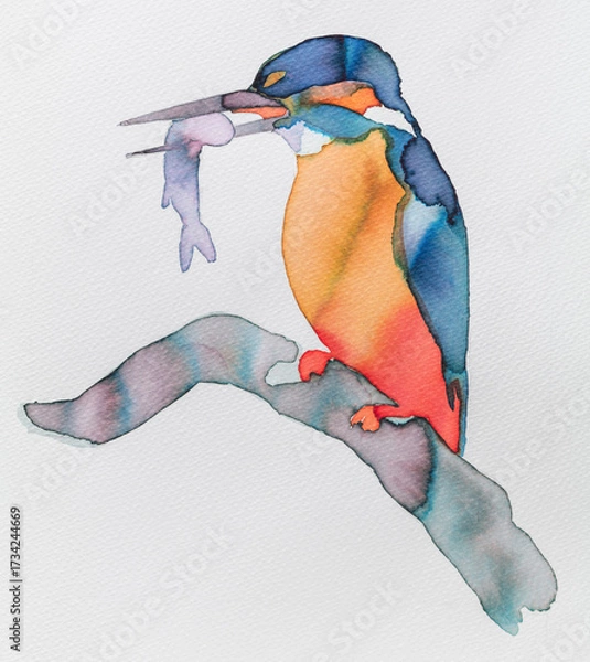 Fototapeta Colorful watercolor painting of a kingfisher perched with a catch on a branch
