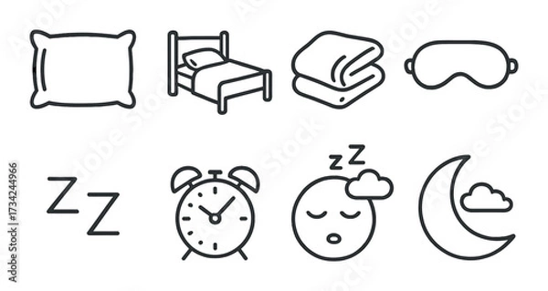 Fototapeta Sleep-related icons: pillow, bed, blanket, mask, z's, clock, sleeping face, moon