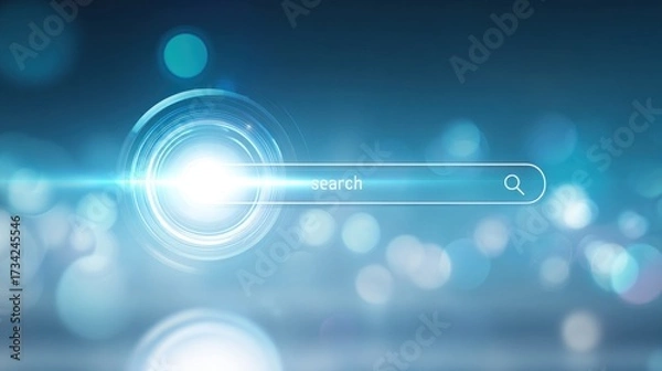 Fototapeta Futuristic search engine background, clean modern interface elements, abstract digital search bar glowing in center, minimal UI icons, soft gradients in blue and white.