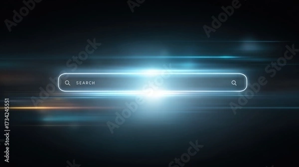 Fototapeta Futuristic search engine background, clean modern interface elements, abstract digital search bar glowing in center, minimal UI icons, soft gradients in blue and white.