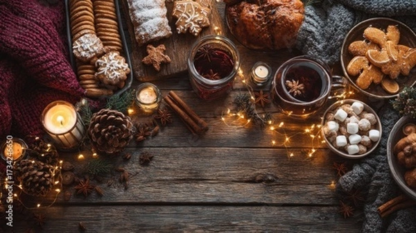Fototapeta Warm cozy Christmas food background, rustic holiday table, roasted turkey, gingerbread cookies, mulled wine, hot chocolate mugs, wooden table texture, pine cones, cinnamon sticks, star anise.