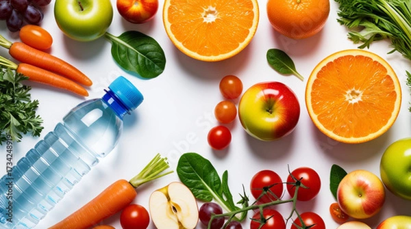 Fototapeta Fresh fruits, vegetables, and a water bottle arranged neatly on a white background, symbolizing diabetes prevention and healthy living.