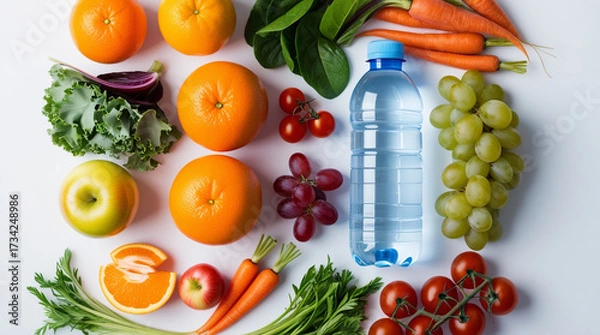 Fototapeta Fresh fruits, vegetables, and a water bottle arranged neatly on a white background, symbolizing diabetes prevention and healthy living.