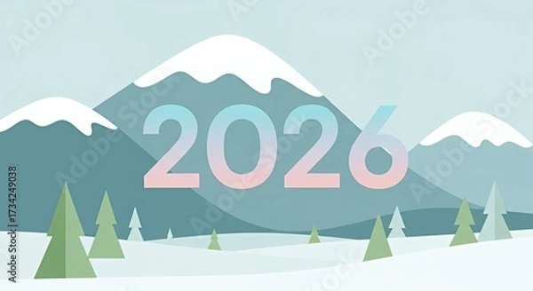 Fototapeta Snowy Mountain Landscape with Large 2026 Text in Pastel Colors Winter Scene