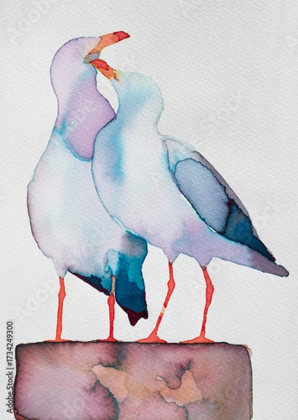 Fototapeta Watercolor painting of two seagulls perched together in soft pastel colors on a textured background