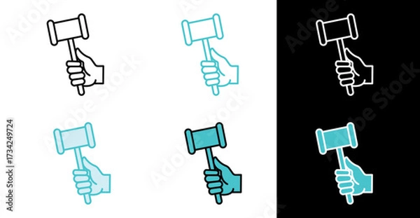 Fototapeta Hand holding judge gavel icon for law and justice decision in line and fill style