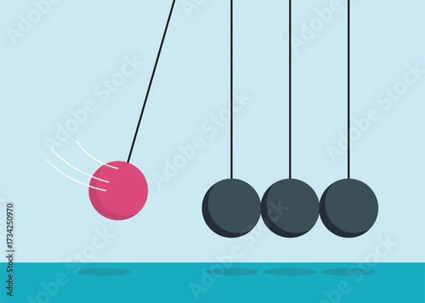Obraz A red ball hanging on a string that hits another group of pendulums. Newton's Cradle. Stock Illustration