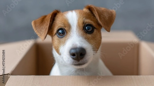 Fototapeta Adorable puppy peeking out of a cardboard box with curious eyes and a playful expression in a cozy interior setting