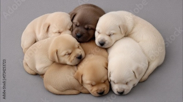 Fototapeta Adorable Many Sleeping Puppies in a Cozy Circle on Soft Gray Background
