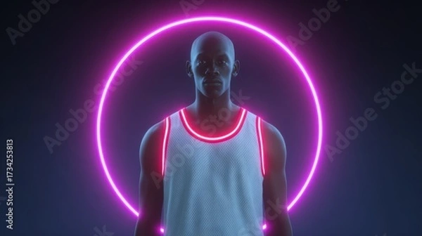 Fototapeta Futuristic Basketball Player Silhouette with Neon Lights and Glowing Halo Effect in Dark Background