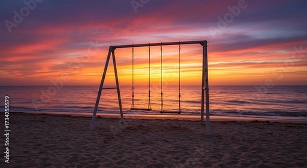 Fototapeta Empty swing at sunrise on beach