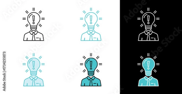 Fototapeta Person with Lightbulb Head icon for problem solving and genius idea in line and fill style