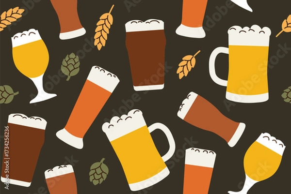Fototapeta seamless pattern with beer mugs, hop cones and wheat ears; beer festival concept, perfect for wrapping paper, textiles, greeting cards, digital backgrounds, and seasonal decorations
