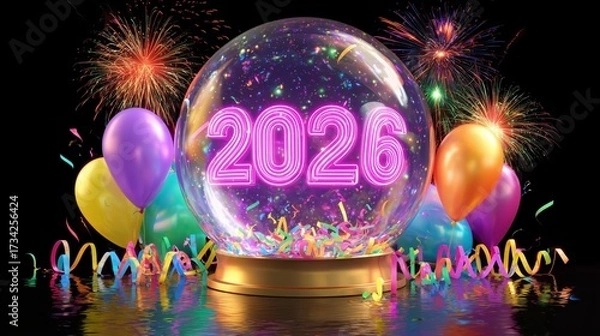 Fototapeta Colorful Snow Globe with Neon 2026 and Party Celebration Background