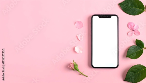 Fototapeta Elegant Technology: A minimalist arrangement showcasing a modern smartphone with a blank screen, alongside delicate petals and leaves. A picture of a fresh, clean aesthetic.