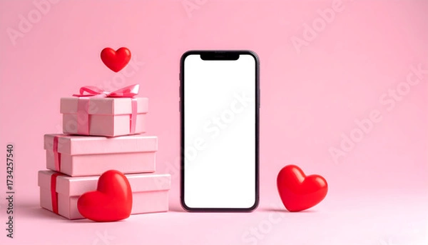 Fototapeta Valentine's Day Celebration: An arrangement of gift boxes and hearts with a blank screen mobile phone, set against a vivid pink backdrop