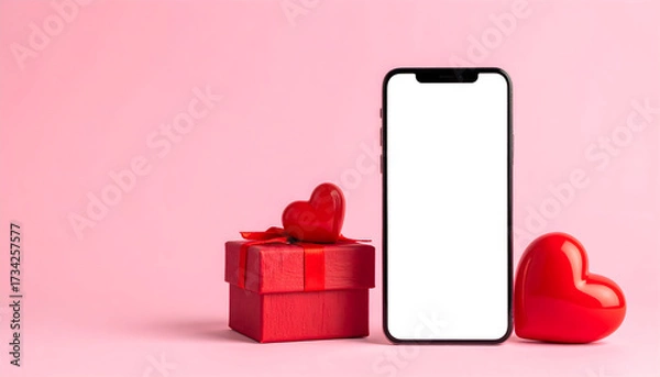 Fototapeta Valentine's Day: The composition displays a minimalist setting that features a red gift box, two vibrant red hearts, and a sleek smartphone. A modern illustration of romance and technology