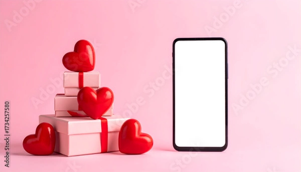 Fototapeta Love's Digital Touch: A display of heart-shaped ornaments and gift boxes beside a sleek smart phone, celebrating love and connection against a soft, warm hue.