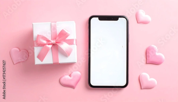 Fototapeta Love's Digital Embrace: A captivating still life showcases a pristine smartphone alongside a beautifully wrapped gift box and charming heart-shaped decorations, all set against a soft pink backdrop.