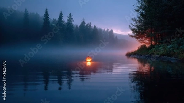 Fototapeta Glowing jack-o'-lantern floating on misty lake at twilight with forest silhouette in background 