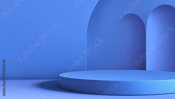 Obraz A minimalist, geometric display podium in a vibrant, uniform light-blue setting.