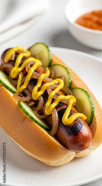 Obraz of a hot dog with grilled sausage served in a bun, topped with fresh cucumber slices, caramelized onions, and mustard sauce