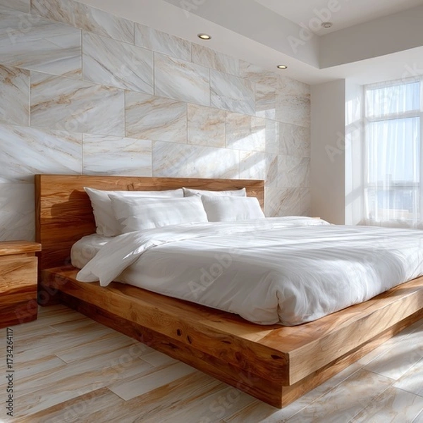 Fototapeta A bedroom with a bed nightstands and a large window