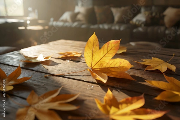 Fototapeta Yellow autumn leaves scattered on rustic wooden table with soft light fall orange