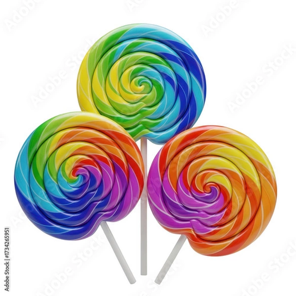 Fototapeta Three vibrant rainbow swirl lollipops on sticks offering sweet delight illustration