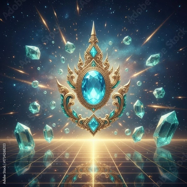 Obraz Golden Thai motif emblem with central emerald, surrounded by floating gems above reflective grid and stars