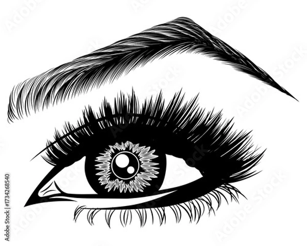 Fototapeta Illustration with woman's eye, eyelashes and eyebrow. Makeup Look. Tattoo design. Logo for brow bar or lash salon.