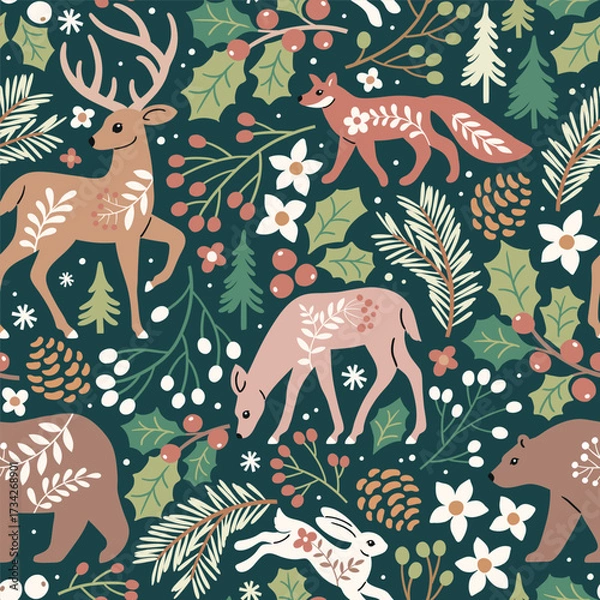 Fototapeta Seamless vector pattern with woodland animals, tree, berry and leaves. Hand drawn illustration of wildlife and nature. Perfect for textile, wallpaper or print design.
