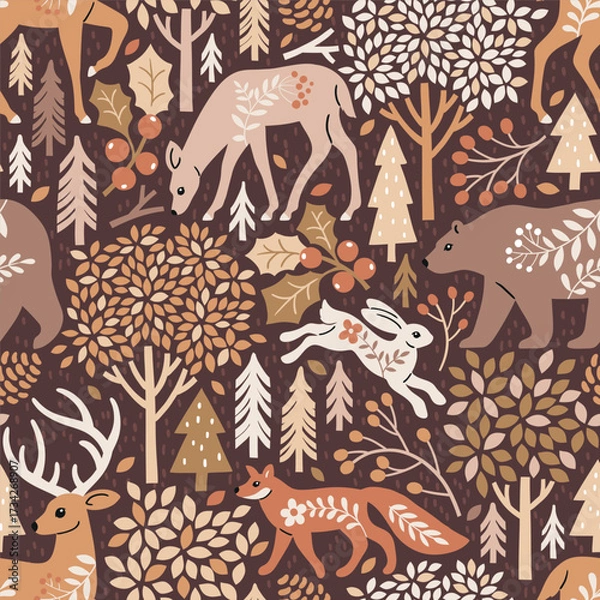 Fototapeta Seamless vector pattern with woodland animals, tree, berry and leaves. Hand drawn illustration of wildlife and nature. Perfect for textile, wallpaper or print design.