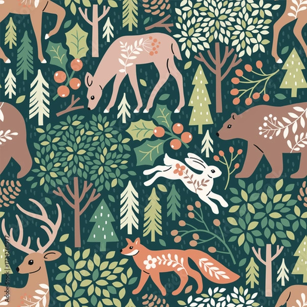 Fototapeta Seamless vector pattern with woodland animals, tree, berry and leaves. Hand drawn illustration of wildlife and nature. Perfect for textile, wallpaper or print design.