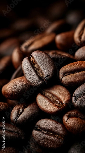 Fototapeta Closeup of roasted coffee beans with texture and detail, dark background. AI generated