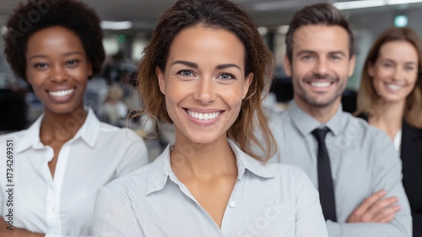 Fototapeta Group of diverse business people smiling together in office workplace. AI generated