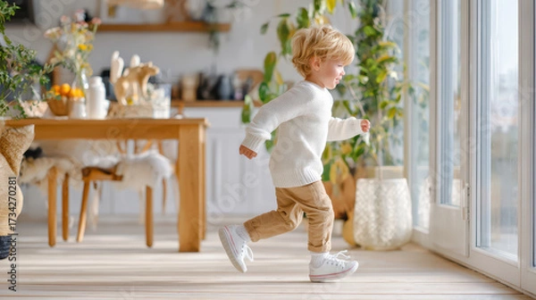 Fototapeta Happy toddler running towards large windows in a bright, modern living room filled with plants and wooden furniture