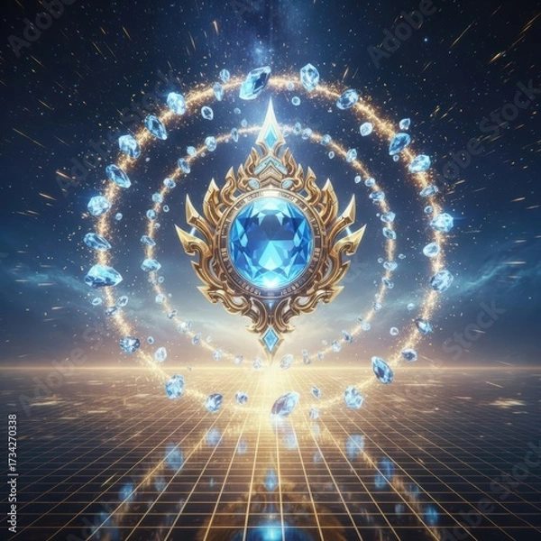 Obraz A sacred golden Thai emblem with a blue sapphire floats above a futuristic glowing grid in a cosmic space