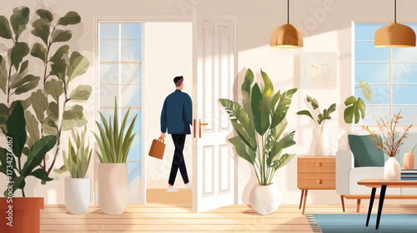 Fototapeta Man exiting a modern home office carrying a briefcase, surrounded by indoor plants and natural light streaming through the doorway