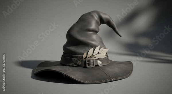 Fototapeta Witch Hat with Pointed Top and Leather Hat with Feather Details on Gray Surface