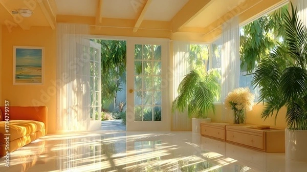Fototapeta A mid-century modern living room with a cognac leather sofa, teak side tables, and sheer white curtains allowing soft sunlight to illuminate the space.