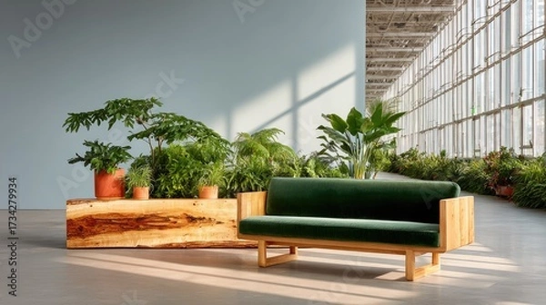 Fototapeta A nature-inspired living room with a moss green velvet sofa, a live-edge walnut console, and golden hour light casting long shadows across the room.