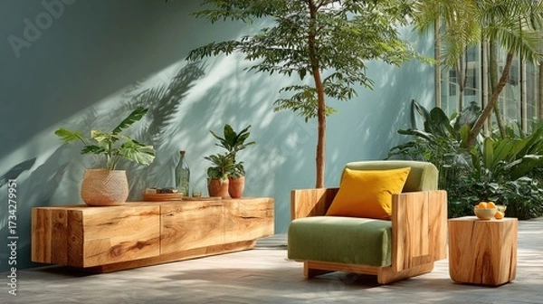 Fototapeta A nature-inspired living room with a moss green velvet sofa, a live-edge walnut console, and golden hour light casting long shadows across the room.