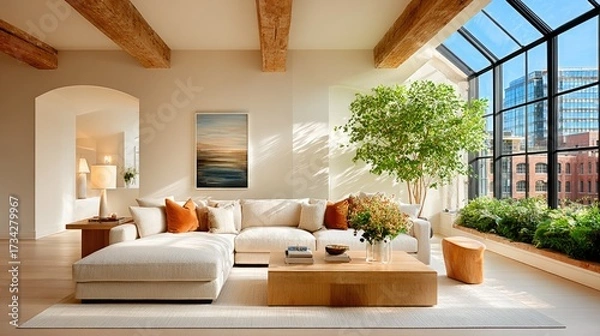 Fototapeta A neutral-toned living room with a sand-colored sectional, a black metal floor lamp, and a large abstract painting. Sunbeams create dynamic light patterns.