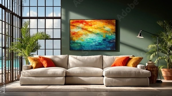 Fototapeta A neutral-toned living room with a sand-colored sectional, a black metal floor lamp, and a large abstract painting. Sunbeams create dynamic light patterns.