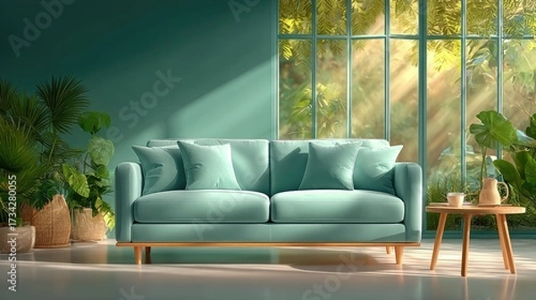 Fototapeta A Scandinavian-inspired living room with a muted sage sofa, a round oak coffee table, and soft diffused light from large north-facing windows.