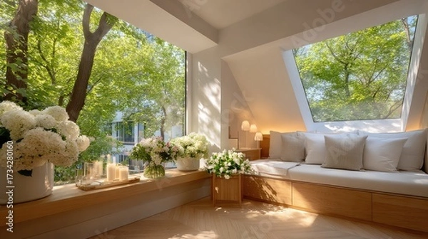 Fototapeta A serene living space with a pale oak herringbone floor, a linen-upholstered daybed, and soft diffused light from a skylight above.